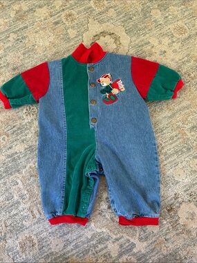 Vintage Colorblock Denim & Corduroy Romper One-Piece Bear Patch Infant